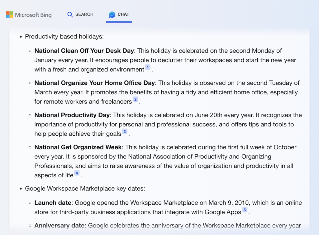 Bing Chat AI for social media content calendar special dates research